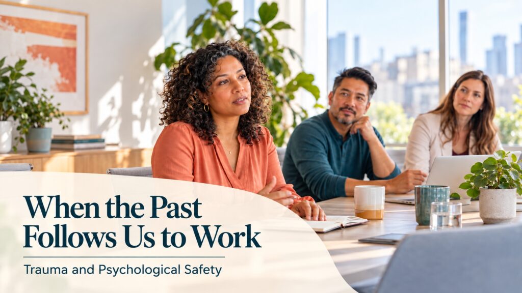 Trauma and Psychological Safety A woman speaks during a workplace meeting while two colleagues listen attentively.